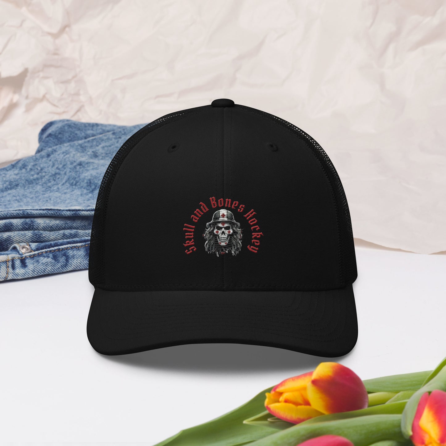 Canadian Crimson Skull Hockey Retro Trucker Hat